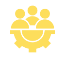 Three figures inside a yellow gear icon.